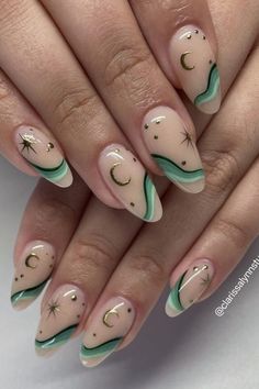 Nail For Boyfriend, Short Almond Nails Boho, Cute Simple Nails, Green Nail Designs, Almond Nails Designs, Nails 2023, Nail Styles