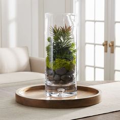 a glass vase filled with plants and rocks on top of a wooden tray next to a couch