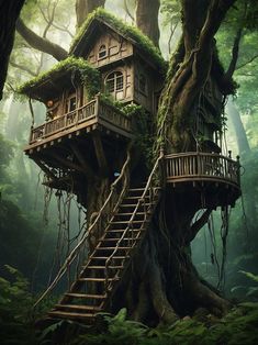 a tree house in the middle of a forest with stairs leading up to it's roof