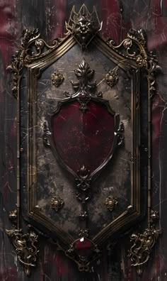 an ornate gold and red frame on a wall