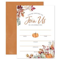 an orange and white thanksgiving party card with pumpkins, leaves and acorns