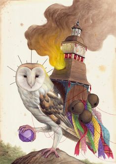 an owl sitting on top of a rock next to a lighthouse and smokestack