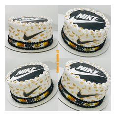 four cakes decorated with nike logos on top of each other