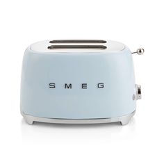 a toaster with the word smeg on it is shown in front of a white background