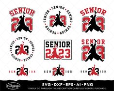 some red and black stickers with the words senior 32, senior 23, senior 29