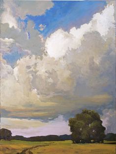 an oil painting of clouds over a field