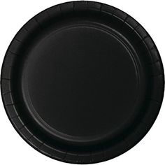 a black paper plate on a white background