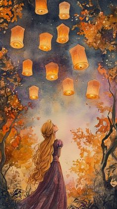 a painting of a woman looking up at lanterns floating in the sky