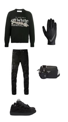 a man's outfit with black clothing and accessories