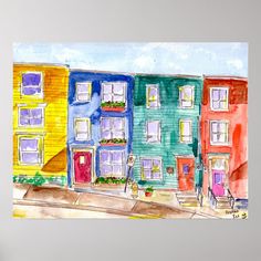 watercolor and ink drawing of row houses