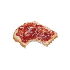 a piece of bread with ketchup on it sitting on top of a white surface