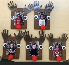 four pictures of children's handprints and their hands are made to look like reindeer heads