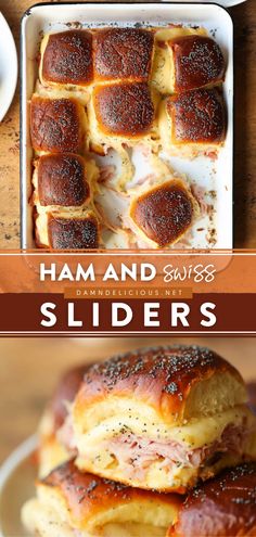 HAM AND SWISS SLIDERS Ham And Swiss Sliders, Fall Party Food, Ham And Cheese Sliders, Ham And Swiss, Hawaiian Roll, Cheese Sliders, Appetizers Easy Finger Food, Finger Foods Easy, Easy Party Food