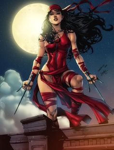 a woman dressed in red is standing on top of a building with two swords and a full moon behind her