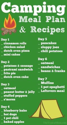 the camping meal plan and recipe is shown on a green background with an orange tent