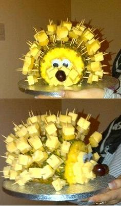 two pictures of a person holding a plate with pineapples and cheese on it