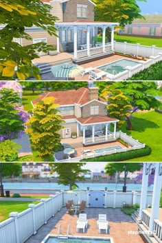 three different views of a large house with a pool in the front yard and an outside patio