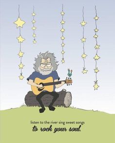 an old man sitting on top of a hill with a guitar and stars hanging from the sky