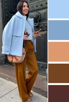 Light Colors Winter Outfit, Light Blue Outfit Color Combos, Light Summer Color Palette Winter Outfits, Light Blue And Navy Outfit, Blue Pants Outfit Winter, Light Blue And Brown Outfit, Color Matching Clothes Women, Blue Outfit Color Combos, Blue And Tan Outfit