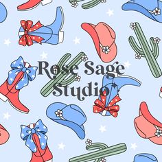 a blue background with red, white and blue hats on top of each other next to the words rose sage studio