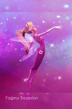 a girl is flying through the air with her arms outstretched in front of stars and clouds