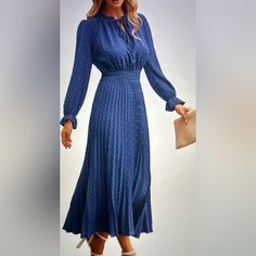 Great To Wear For Casual, Work, Or Family Photo Events. It Was Too Long For Me As I Am 5’1 But Will Look Great On Someone Taller Or With Adjustments. Blue Pleated Maxi Dress For Fall, Casual Blue Pleated Maxi Dress, Blue Pleated Dress For Brunch, Garden Dresses, Pretty Garden, Garden Dress, Dresses Long Sleeve, Casual Work, Too Long