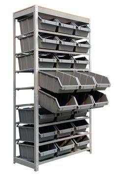 several bins are stacked on top of each other in this metal shelving unit