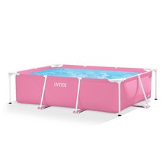 the intex swimming pool is pink with blue water in it and two poles on each side