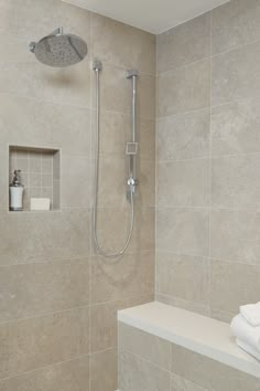 Chellah Grey 12 x 24 limestone tile on walls in shower. Limestone Tile, Natural Stone Tile, Fireplace Wall, Dream Spaces, Stone Design, Beautiful Bathrooms, Residential Interior