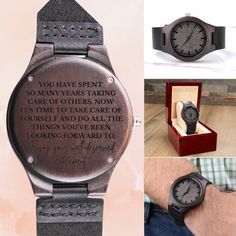 Looking for a special way to honor a retiring malenteacher? Look no further than this stylish engraved watch made of wood and leather, complete with a sentimental message. The watch is beautiful and can be dressed up or worn every day, it is a great addition to any man's wardrobe. He will love this gift! But what really makes this watch special is the heartfelt engraved message. Featuring a message of appreciation, it is sure to warm his heart. ✨ You have spent so many years taking care of other Teacher Retirement Gifts, Male Teacher, Appreciation Message, Teacher Retirement, Watch Engraving, Wooden Watch, Luxury Boxes, Retirement Gifts, Wristwatch Men