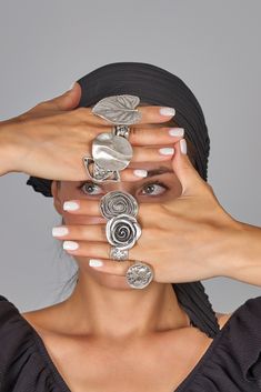 "Adjustable Boho Rings, Statement Rings, Chunky Silver Rings, Leaf Ring, Rose Ring, Large Ring, Wide Band, Abstract Ring for Women, ZeyDor ❀ Boho Rings are easy to adjust and would fit fingers size US 4 and up. ❀ Boho Chunky Rings with an ethnic feel. These Boho Style rings are silver plated with a matte, antique oxidized finish. Made with antique silver plated brass findings. ★ Hypoallergenic ★ Lead, Nickel, Cadmium free.★ ❀ Your order will be shipped in 1-2 business days. ► Giving this as a gi Big Rings For Women, Plus Boho, Abstract Ring, Chunky Silver Jewellery, Rings Chunky, Statement Rings Unique, Large Rings, Chunky Silver Rings, Alternative Jewelry