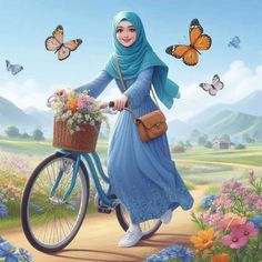 a painting of a woman on a bicycle with flowers and butterflies in the sky behind her