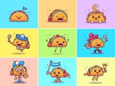 cartoon mexican food characters are depicted in different colors and sizes, including the taco