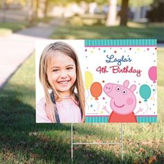 Direct guests to the party with a custom Peppa Pig yard sign. The confetti-covered sign features Suzy Sheep Peppa Pig Rebecca Rabbit and space for a photo and a personalized message. It's made of sturdy corrugated plastic and can be placed in your lawn using the included metal stake. This durable yard decoration is a festive addition to any celebration. Custom Peppa Pig Photo Yard Sign product details:  22in wide x 15in tall Includes metal stake 10in wide x 13 1-2in tall Suitable for indoor or o Peppa Pig Invitation Template Free, Pig Yard, Peppa Pig Party Supplies, Pig Photo, Peppa Pig Invitations, Rebecca Rabbit, Halloween Kit, Peppa Pig Party, Personalized Balloons