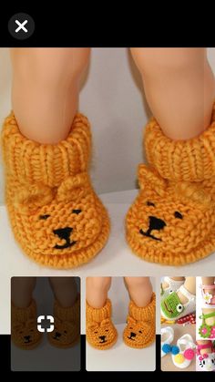 there is a pair of crocheted slippers that have faces on them, and the bottom one has been made to look like a teddy bear