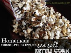 homemade chocolate drizzled sea salt kettle corn is ready to be eaten and served