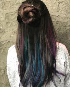 Pink and blue balayage Pops Of Color Hair, Hidden Hair Color, Underlights Hair, Peekaboo Highlights, Dyed Hair Pastel, Hair Color Highlights, Ombre Hair Color