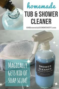 two pictures showing how to use soap and shower cleaner