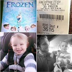 a collage of photos with frozen food and movie tickets on them, including a child in a car seat