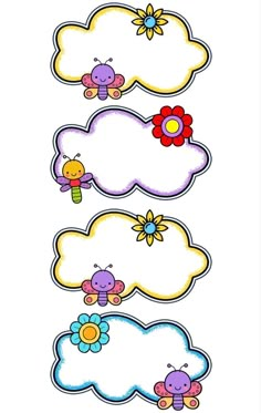 four different types of clouds with flowers and bees on them, each one has a name tag