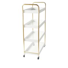 a gold and white four tiered shelf with wheels on the bottom, in front of a white background