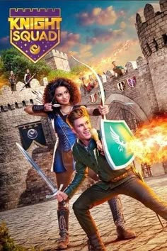 the poster for knight squad is shown with two people holding swords and one man in front of