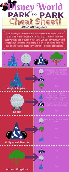 the disney world park info sheet is shown in purple, red and green colors with an image