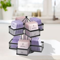 a stack of soaps sitting on top of a white table