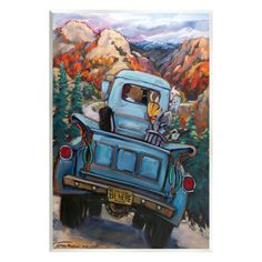 a painting of an old blue truck driving down a road with mountains in the background