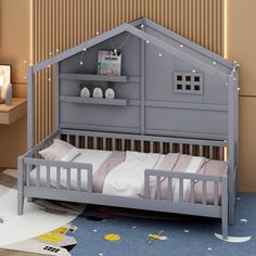 a child's bed with a little house on the top and shelves above it