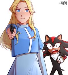 a woman holding a nintendo wii game controller next to a cartoon character with an angry look on her face