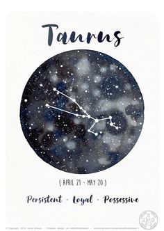 the zodiac sign taurus is depicted in this watercolor painting with black and white stars