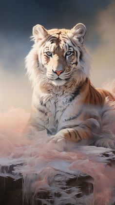 a white tiger sitting on top of a pile of pink stuff in front of a cloudy sky