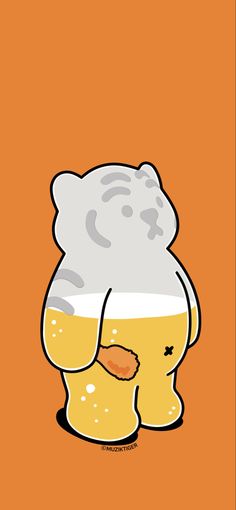 an orange background with a cartoon bear holding a beer in it's paws and looking at the ground